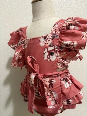 Girls Floral Ruffle Peplum Top - Dusty Rose Pink